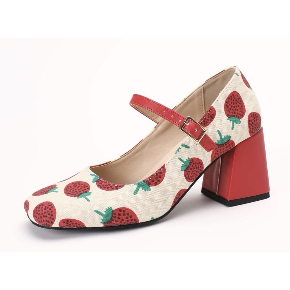 Strawberry Pattern Square Toe Chunky Heeled Mary Jane Pumps Sz 8 - Picture 2 of 12
